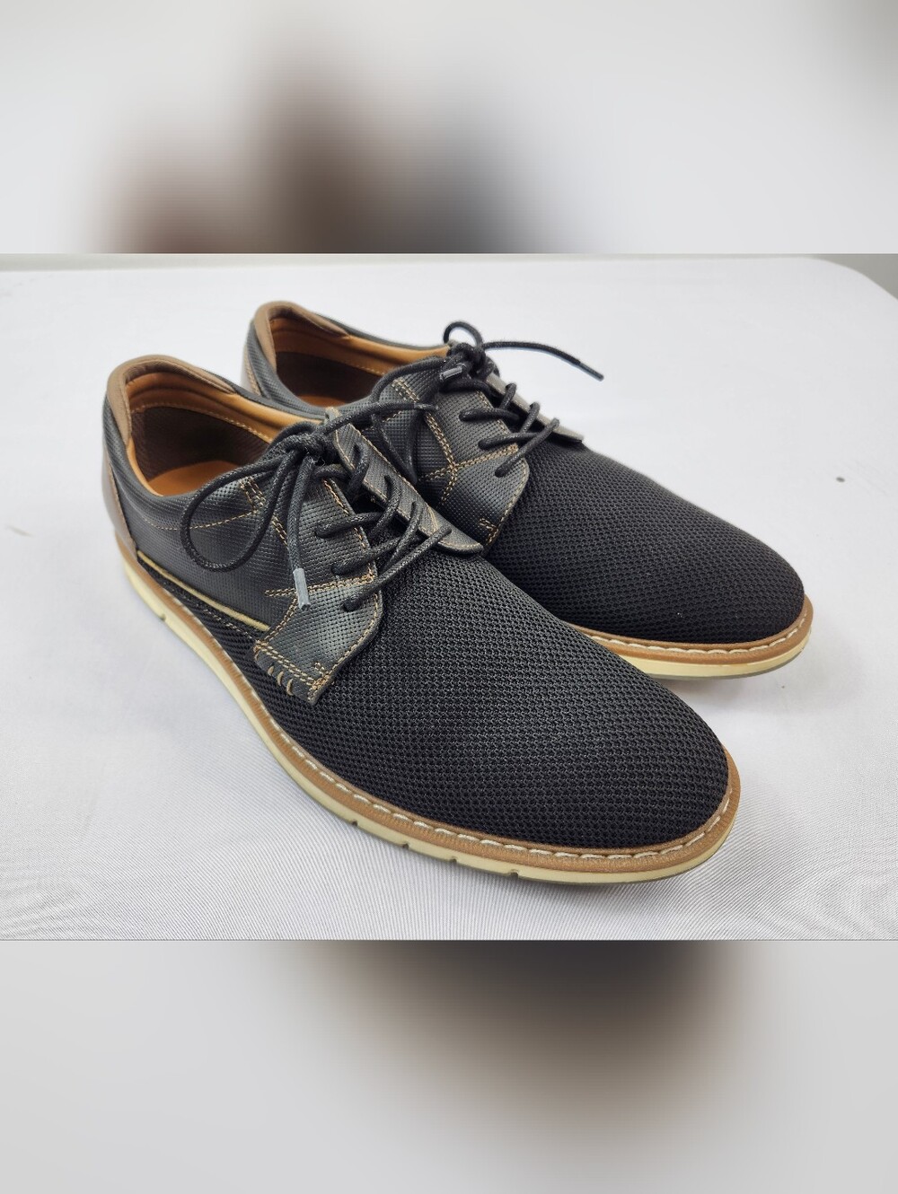 J. Ferrar MENS 9.5 M Black Mesh Derby Oxfords with Tan Accents